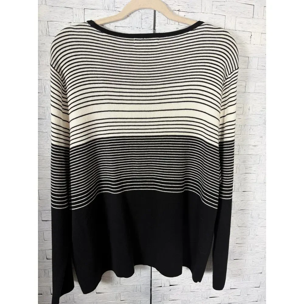 Liz Claiborne womens sweater lightweight spring black white striped Plus Sz￼￼ - Picture 2 of 9